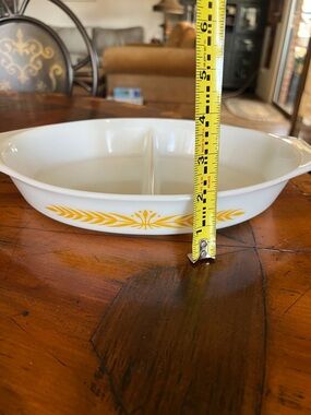 Vintage Pyrex Royal Wheat Divided Casserole 1 1/2 Quart for keeping sides warm